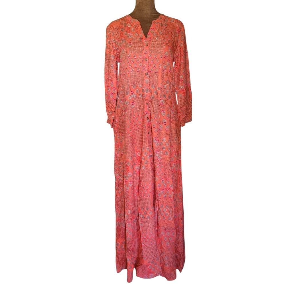Global Desi Maxi Dress Modest Size XS Coral Viscose Button Front Pockets Boho